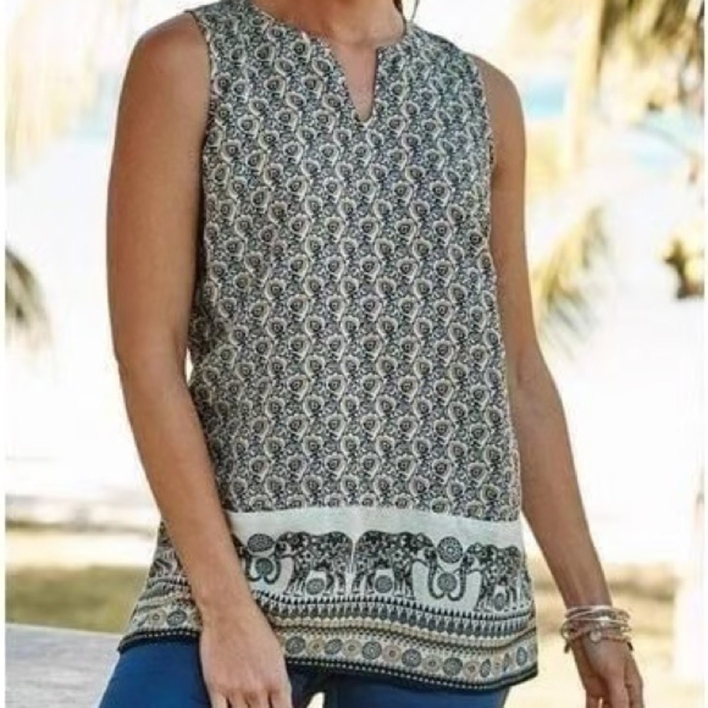 J. JILL‎ Women's Linen Sleeveless Top Paisley Elephant Blue Gold XS Petite